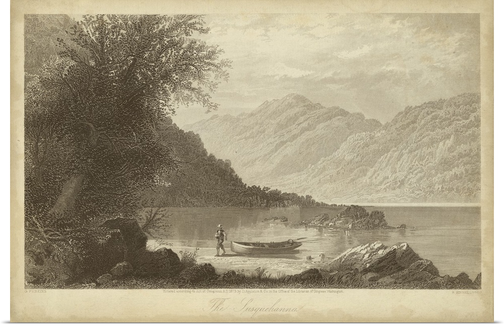 Vintage artwork of a lake by the mountains in sepia.