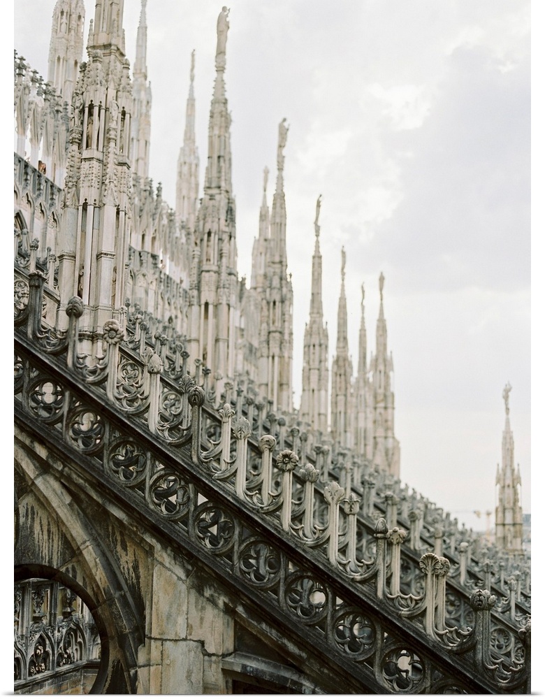 Photograph of the intricate details on the roof of the Duomo Cathedral, Milan, Italy.