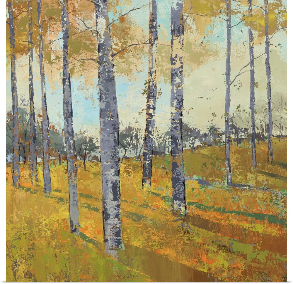 Painting of trees casting shadows in a countryside clearing in autumn.