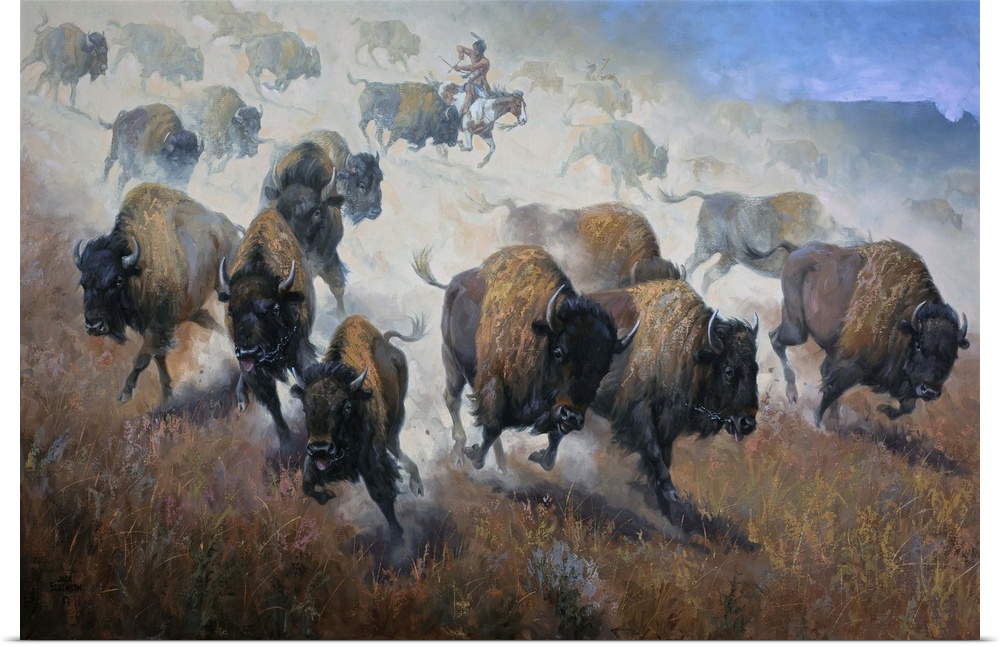 Contemporary Western artwork of a herd of buffalo stampeding across the plains.