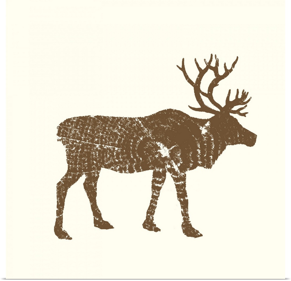 Contemporary cabin decor artwork of a woodland animal silhouettes made up of stamp cross section tree patterns.
