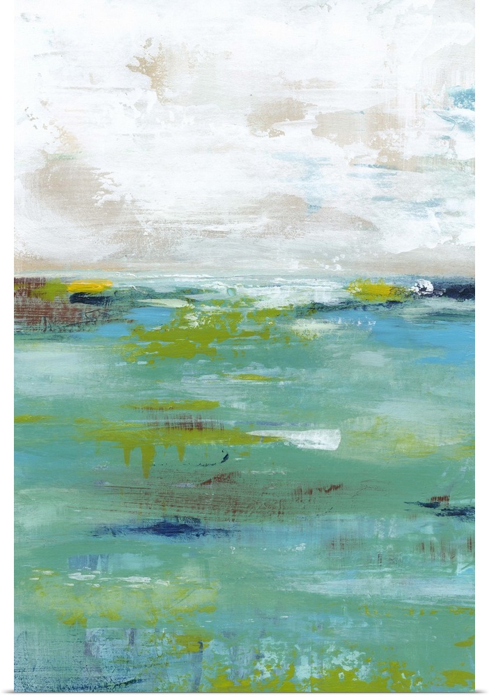 Abstract painting resembling a body of water meeting the sky at the horizon.