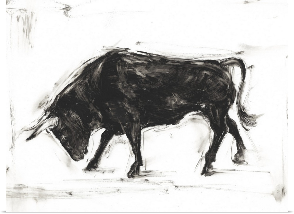 Black and white painting of a Spanish bull bowing.