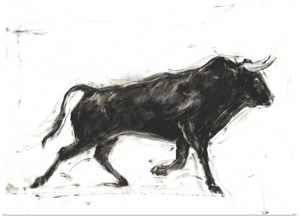 Black and white painting of a Spanish bull in action.