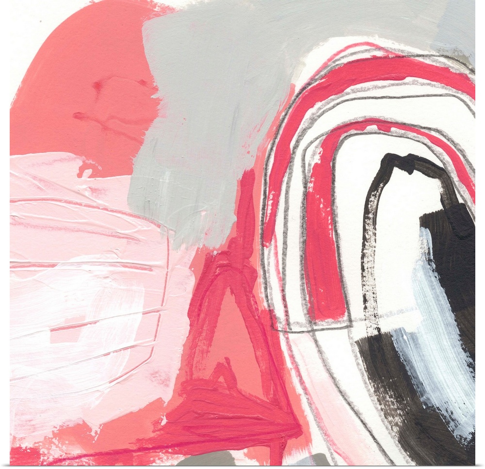 Contemporary abstract painting in various shades of pink and gray.