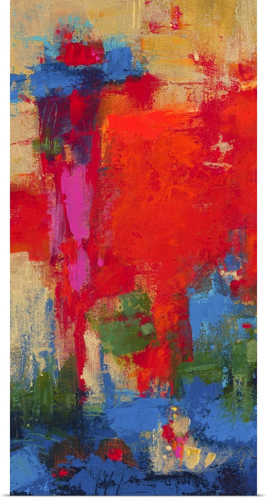 Vertical abstract painting in tropical, almost neon shades of red, green, and blue.