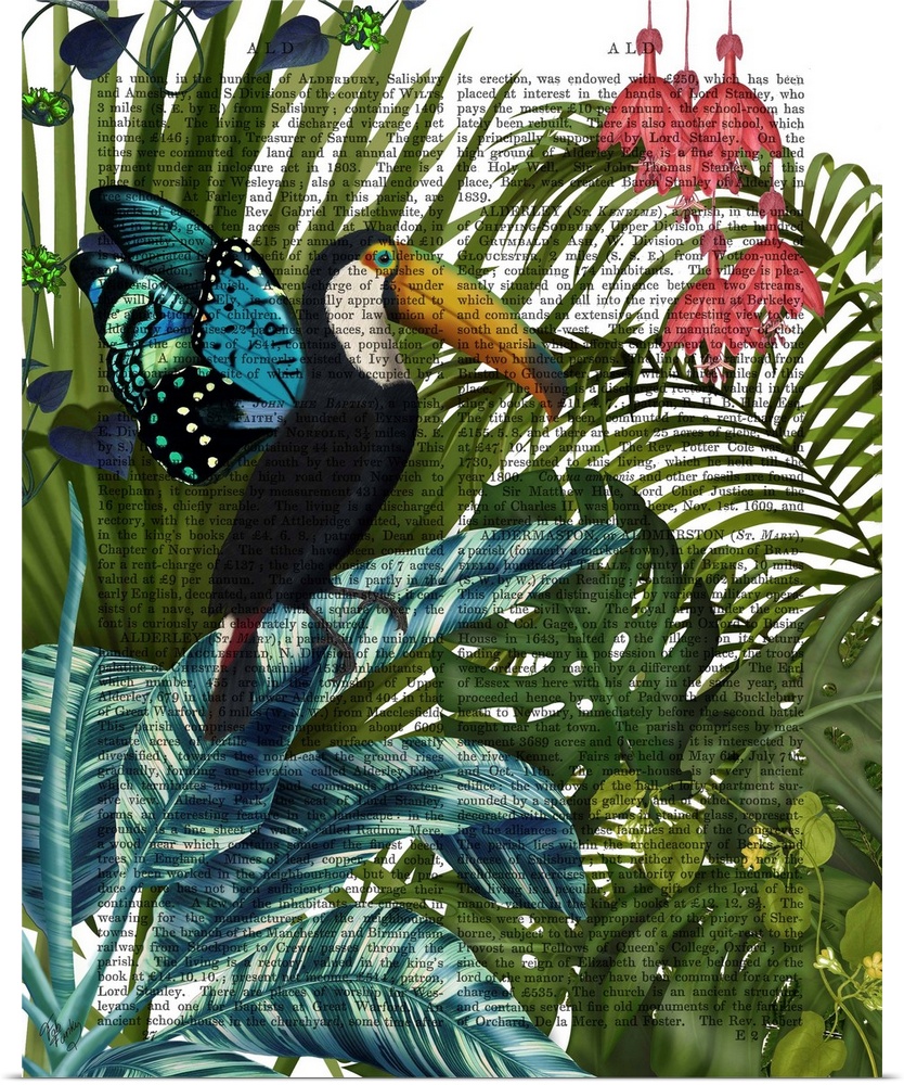 Decorative artwork with a toucan surrounded by tropical leaves, butterflies, and flowers, painted on the page of a book.