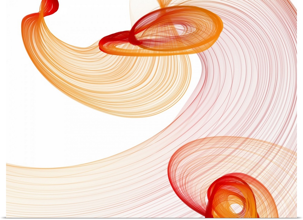 In this photo, dancing swirls in red and orange decorate a white background to convey the way light bounces off objects.