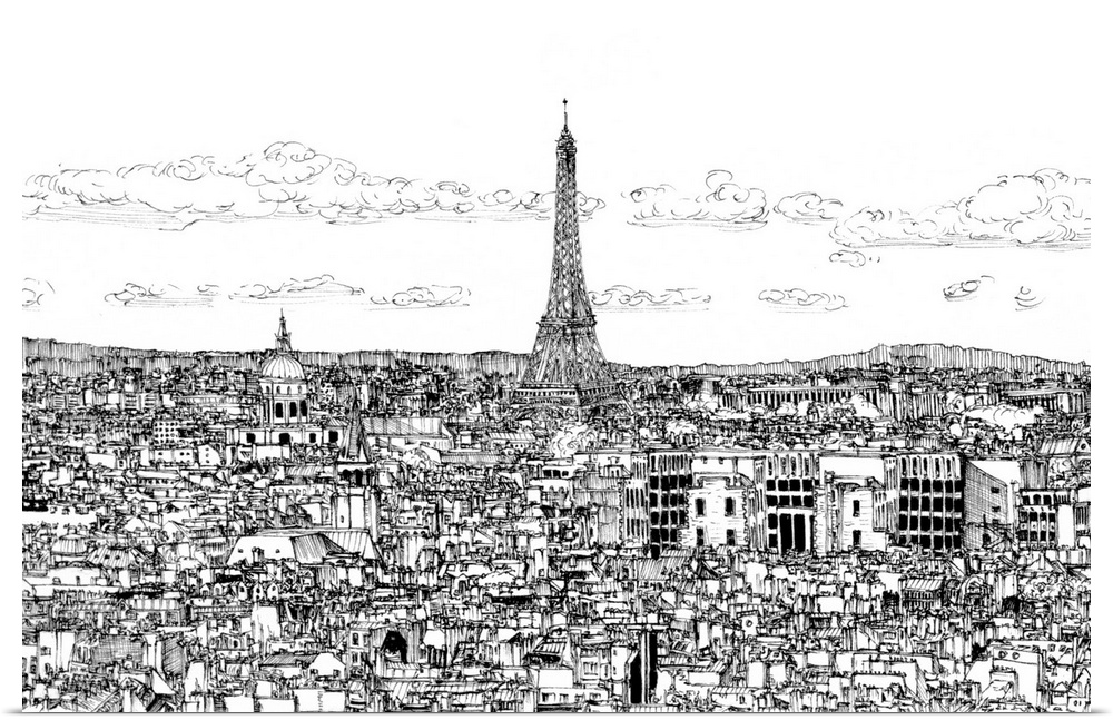 Contemporary black and white sketch of a cityscape in Paris, France with the Eiffel Tower towering over the city.