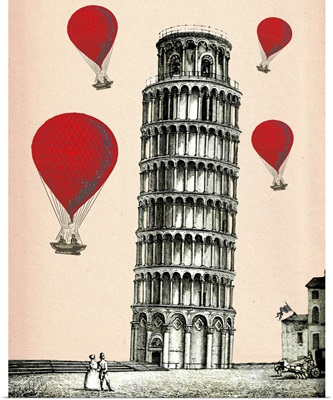 Tower of Pisa and Red Hot Air Balloons