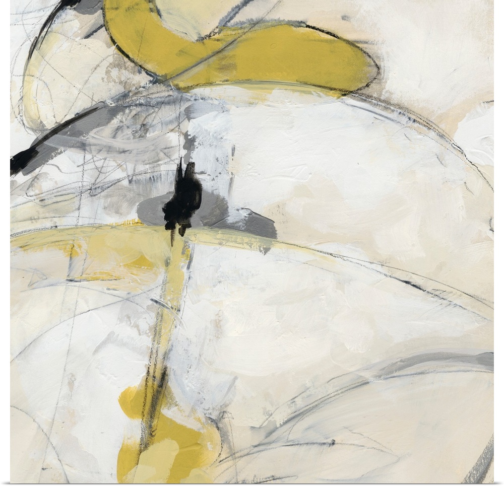 Energetic yellow brush strokes and gestural lines illustrate the dynamism in this contemporary artwork.