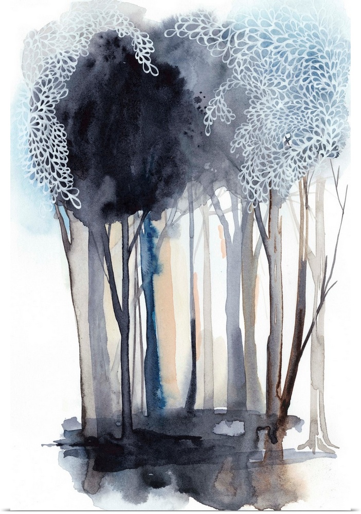 Watercolor painting of a forest in shades of grey and blue.