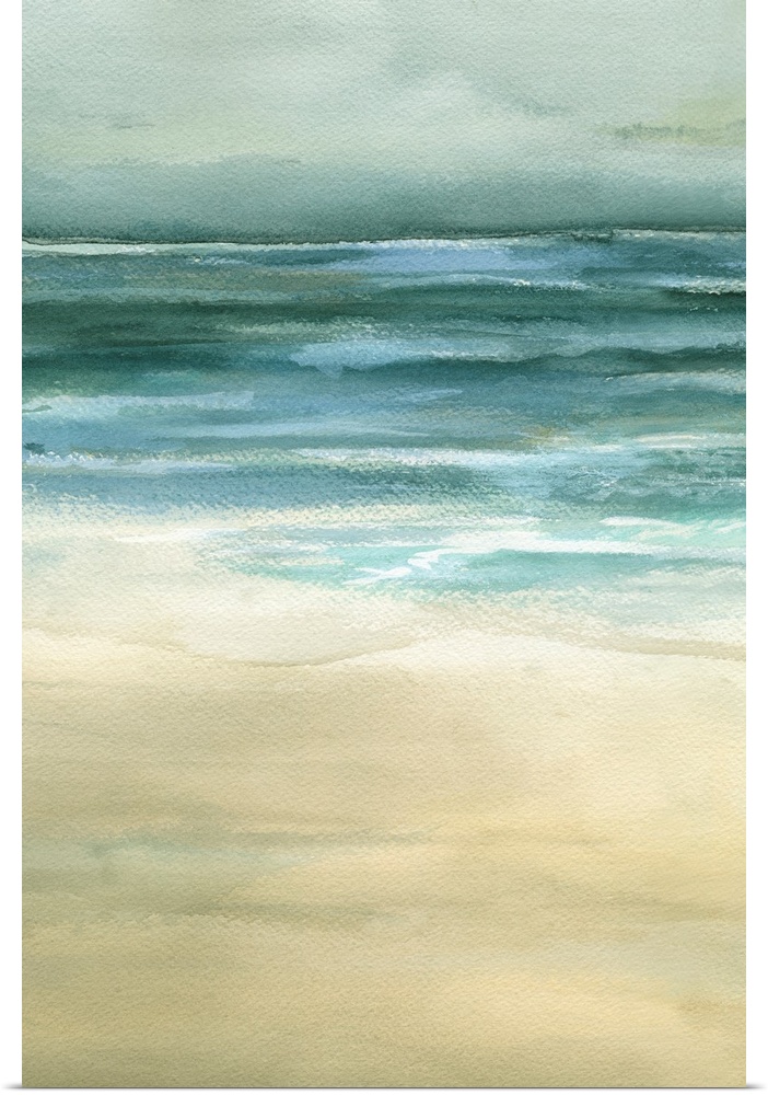 Beautiful artwork of a seascape that uses duller colors to paint the ocean and sand.