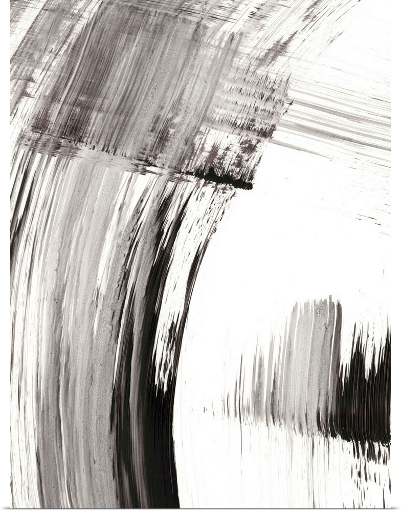Contemporary abstract painting of black and gray brushstrokes on a white background.
