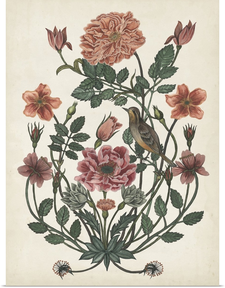 This vintage-like illustration demonstrates the beauty of nature and its gifts by featuring a garden bird perched on an ev...