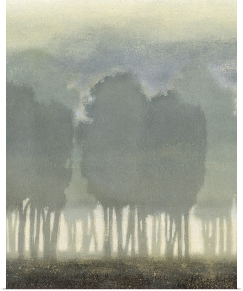 Artwork of silhouetted trees in a foggy landscape.
