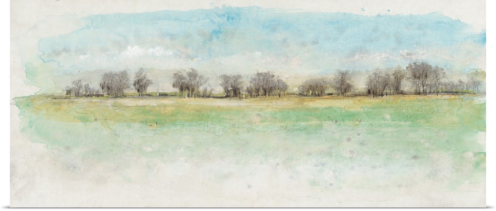 Watercolor painting of a row of trees at the edge of a meadow.