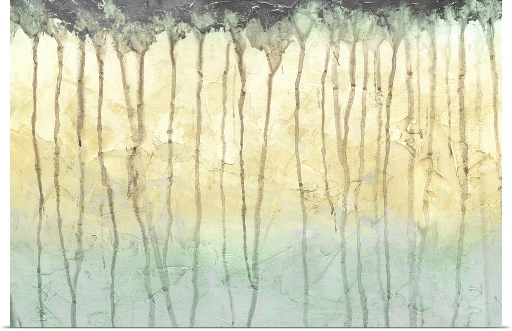 This contemporary artwork features paint drips over a textured gradated background that signifies a tree line.