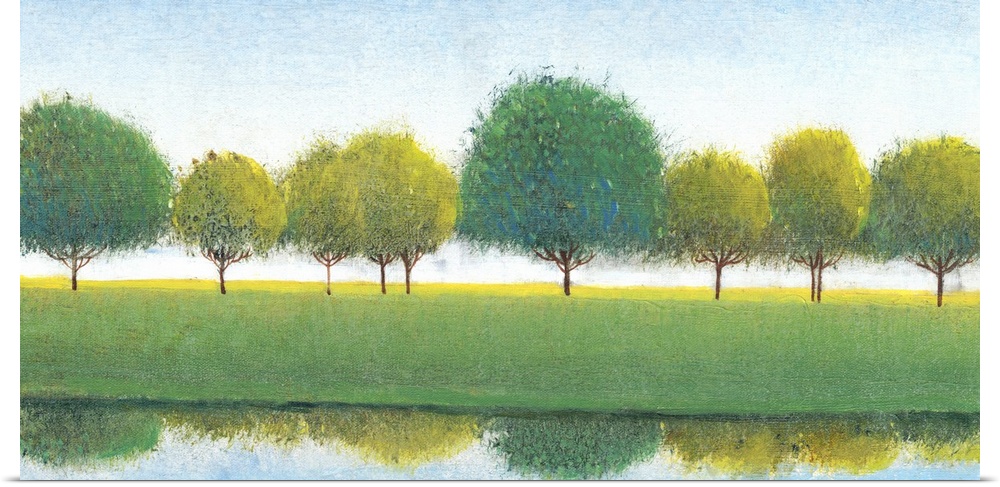 Painting of a row of trees reflected in the river below.