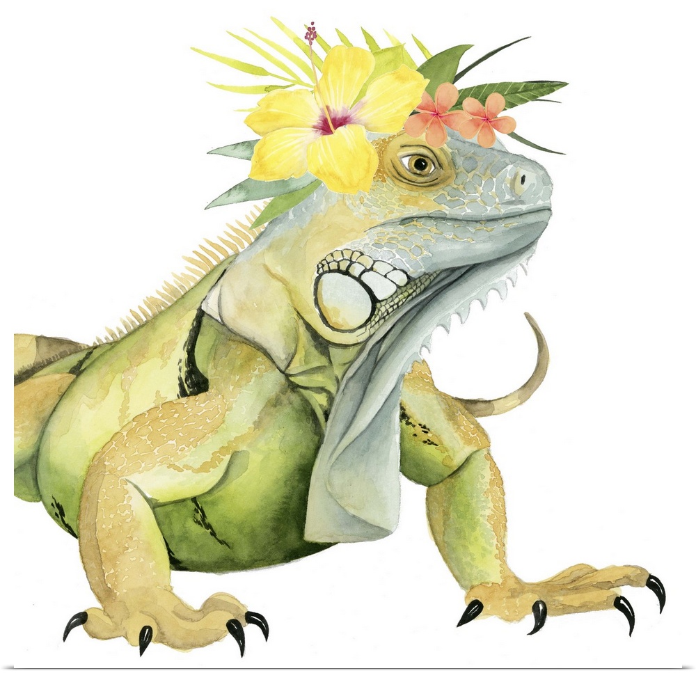 This decorative artwork features an adorable iguana over a white background with a tropical flower crown on its head.