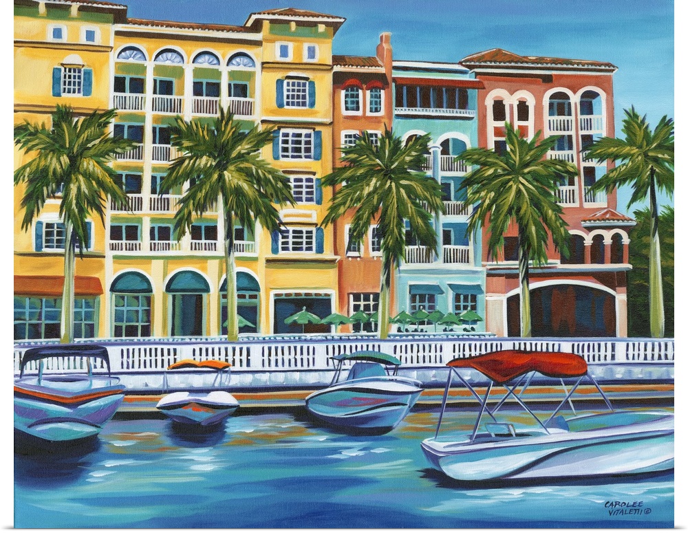 Contemporary artwork of a riverside resort with several boats at the dock.