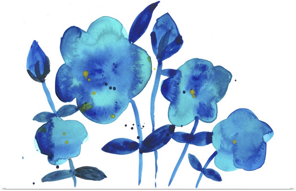 Watercolor silhouettes of flowers in bright blue.