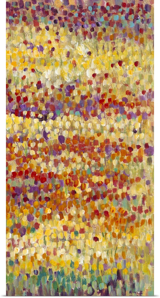 Vertical contemporary painting of a field of tulips in bright, colorful dots of colors in an impressionism style.