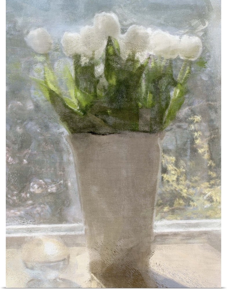 Contemporary painting of a vase holding a small bouquet of white flowers.
