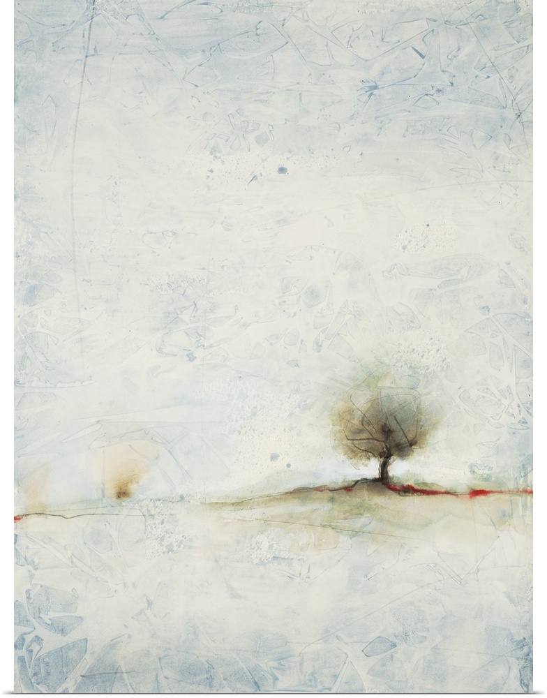 Pastel landscape painting of a tree in the misty countryside.