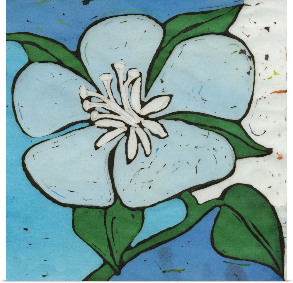 Contemporary painting of a blue and green flower against a blue and green geometric background.
