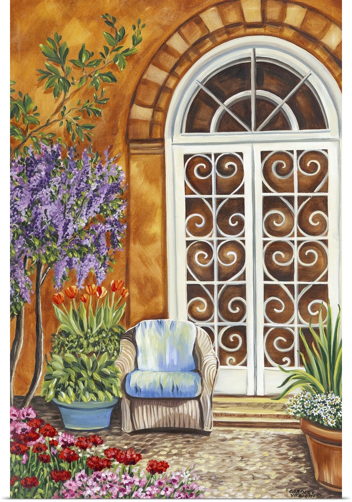 Contemporary painting of a Mediterranean patio with a decorative door and several potted plants.