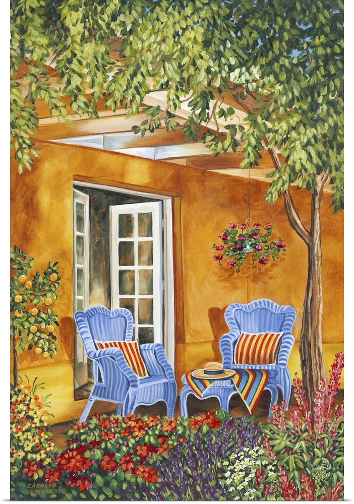 Contemporary painting of a Mediterranean patio with two comfortable chairs and a shady tree.