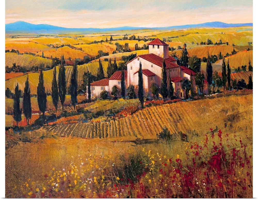 This decorative accent for the living room or kitchen is a landscape painting of a church in the Italian countryside surro...