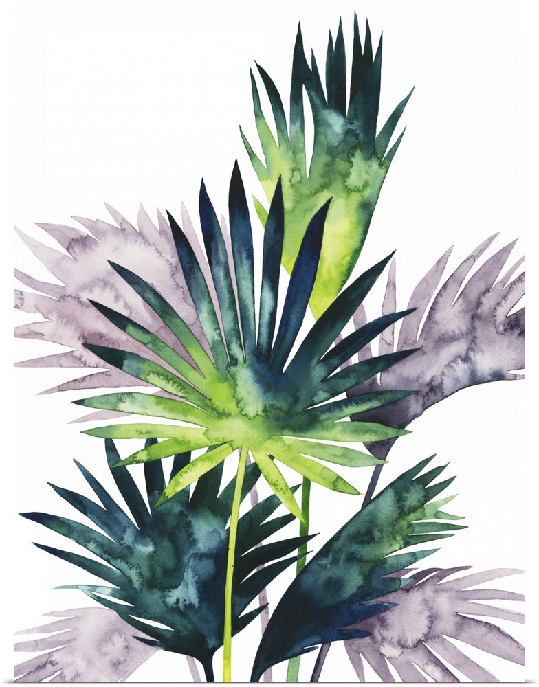 Watercolor tropical leaves in purple, blue and green flutter in the wind over a white background in this contemporary artw...