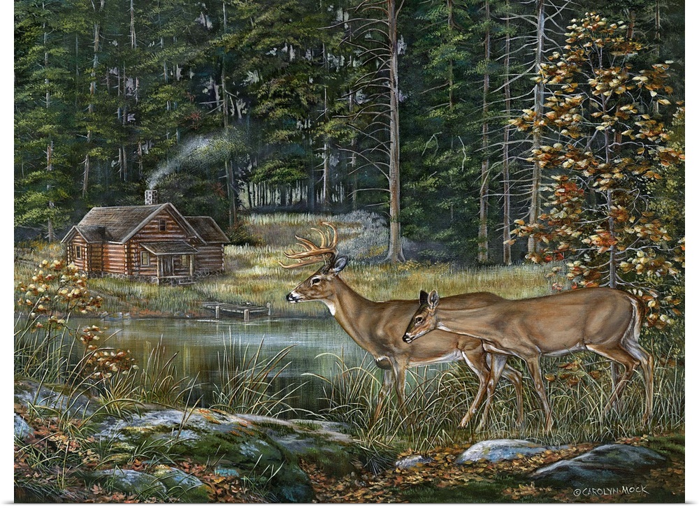 Contemporary painting of deer coming out from the forest to see a cabin.