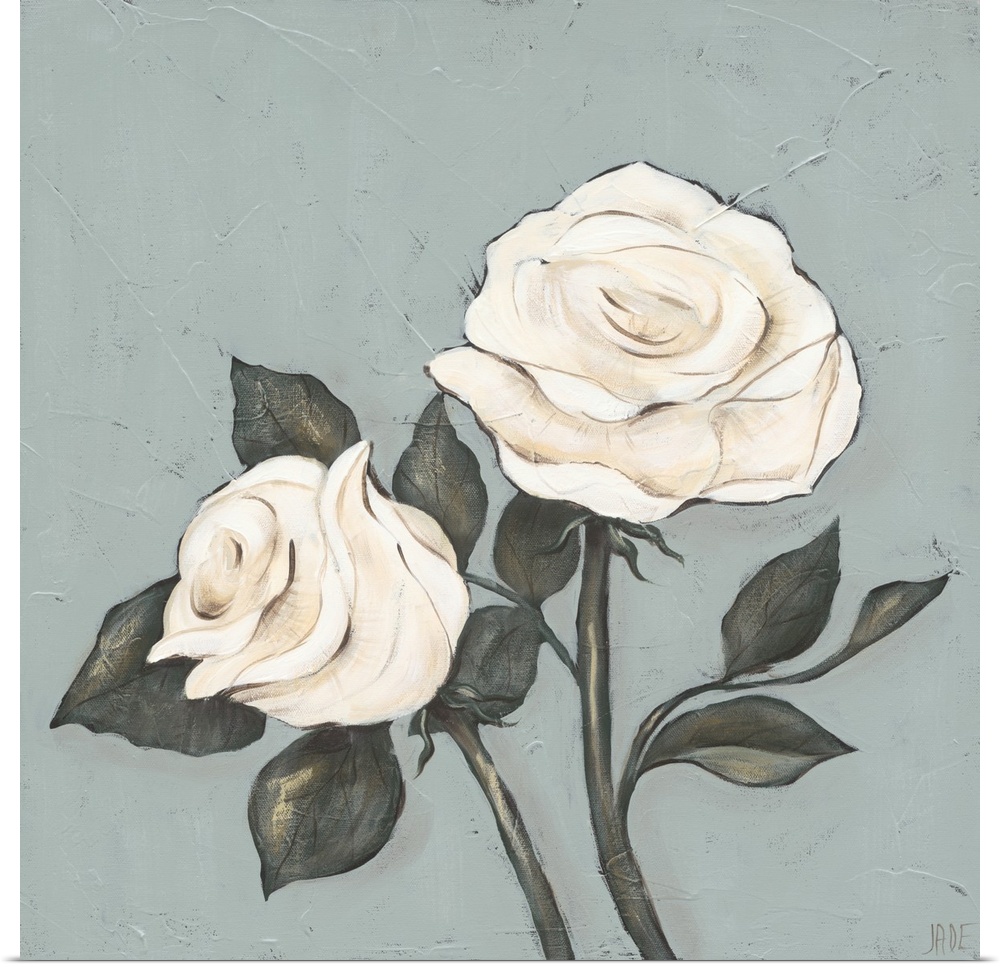 This decorative artwork features romantic roses with soft petals painted in white and tan over a blue textured background.