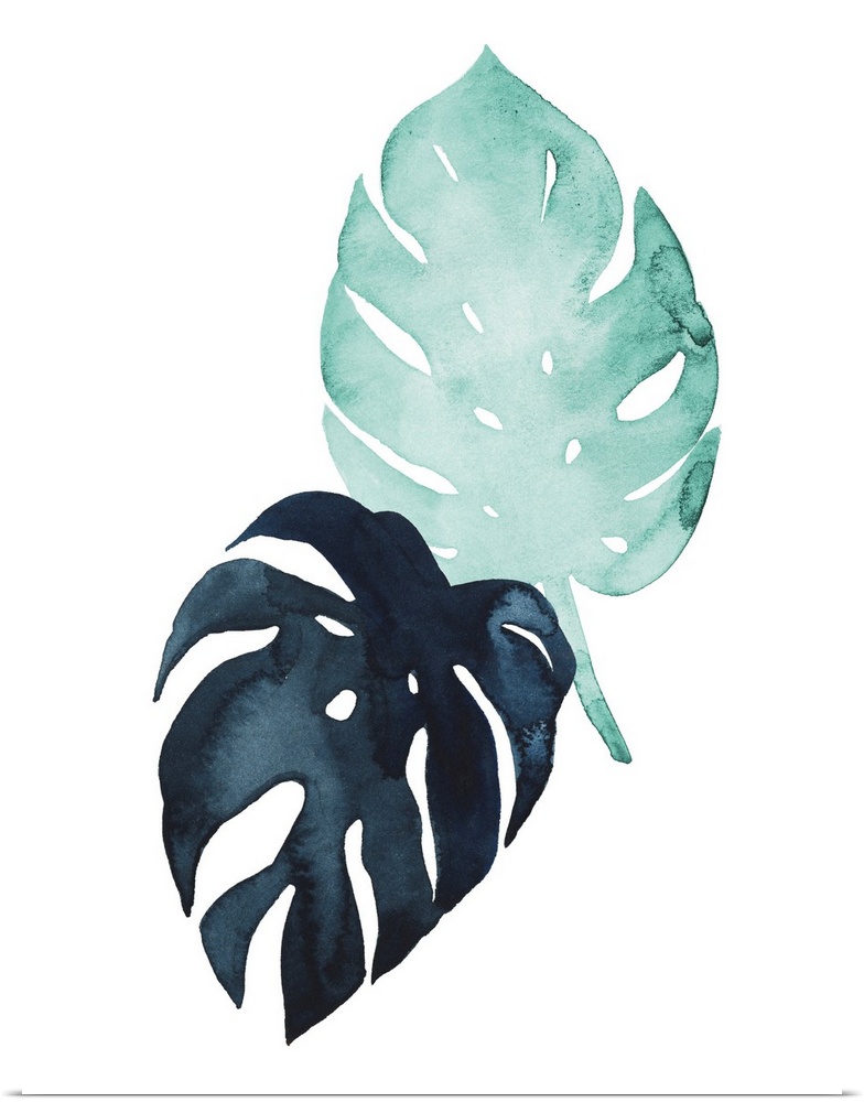 Watercolor artwork of leafy green palm fronds on white.