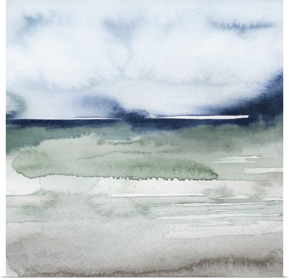 Square watercolor landscape in muted, blended colors of blue and green.
