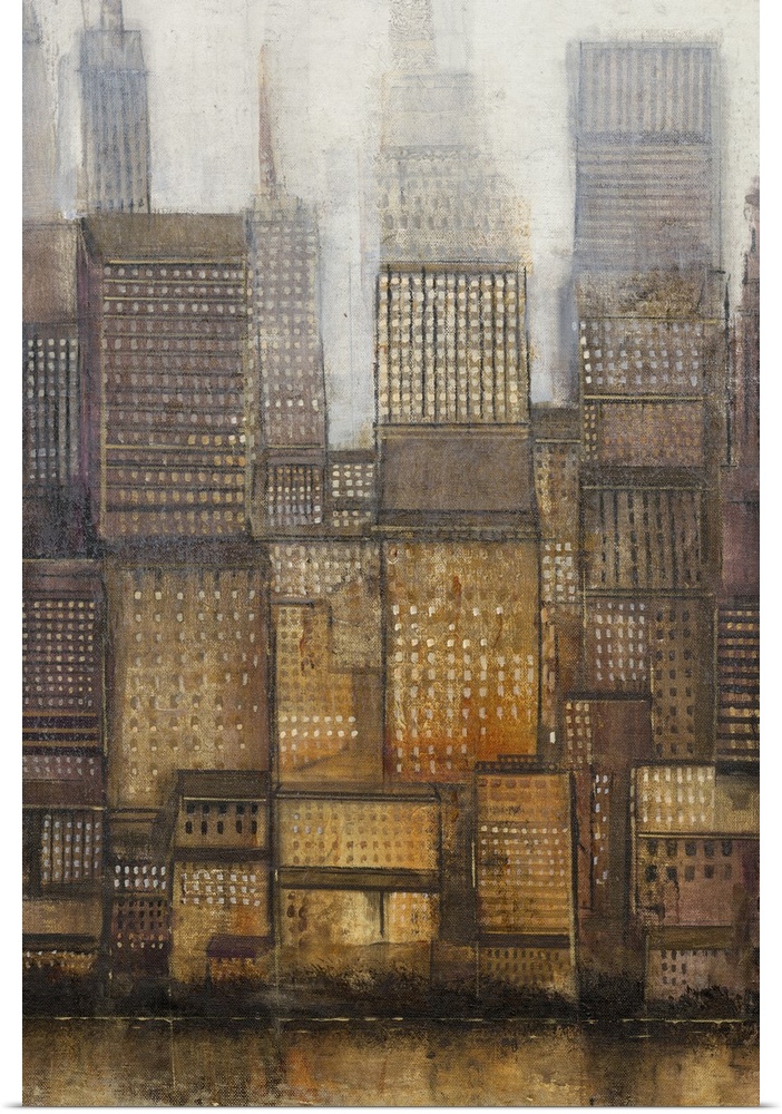 Contemporary painting of tall skyscrapers in a city.
