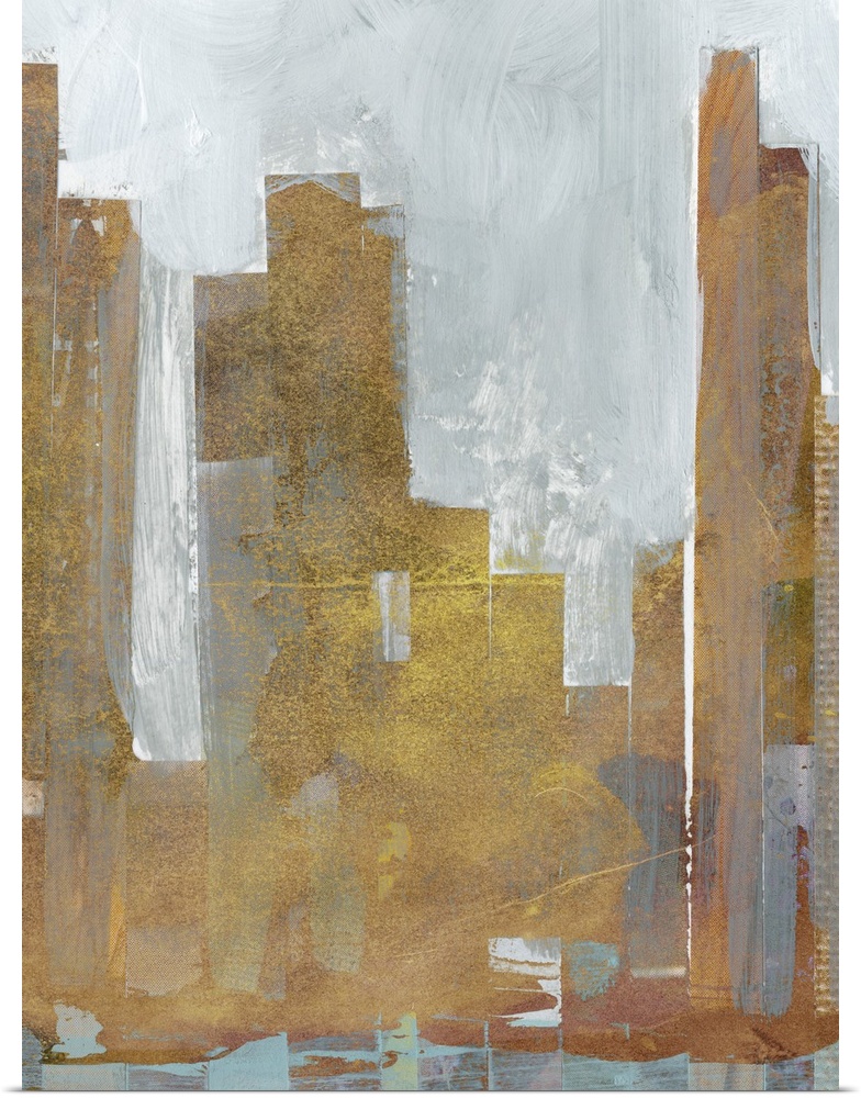 Contemporary abstract artwork using muted colors and geometric shapes resembling a city skyline.
