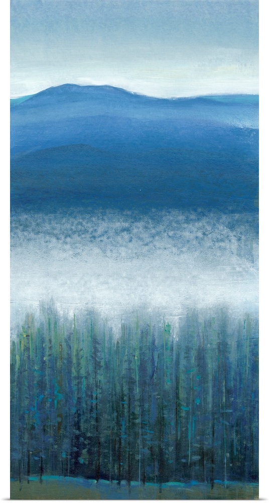 Vertical painting of a mountain valley with dense fog over pine trees.