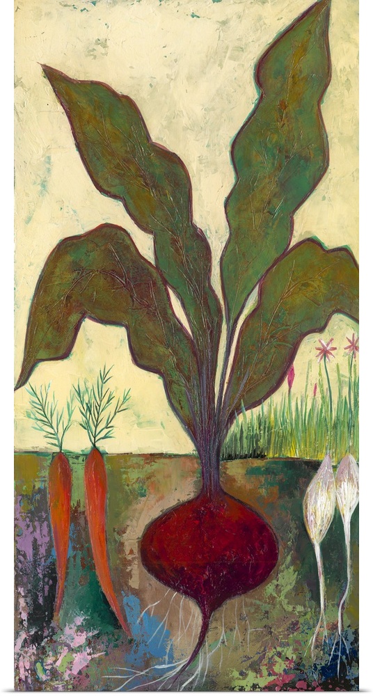 Contemporary painting of a cross section view of garden vegetables in the ground.