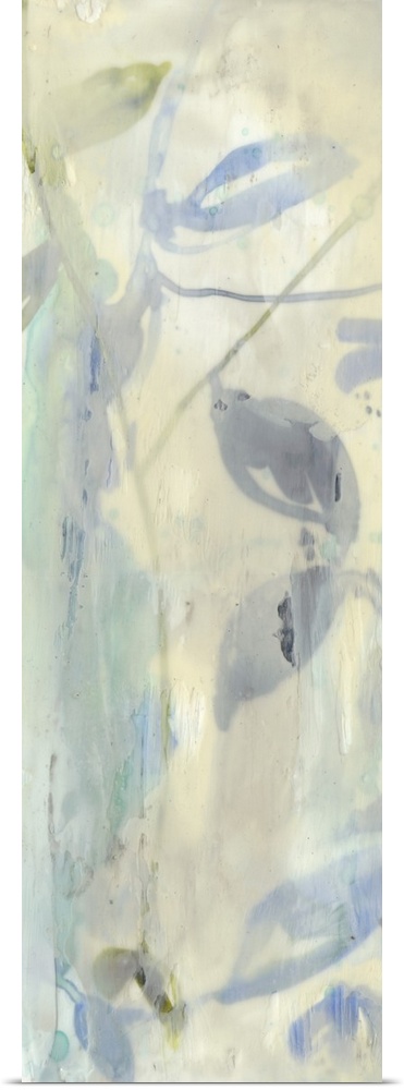 Contemporary abstract floral painting in neutral tans and grays.