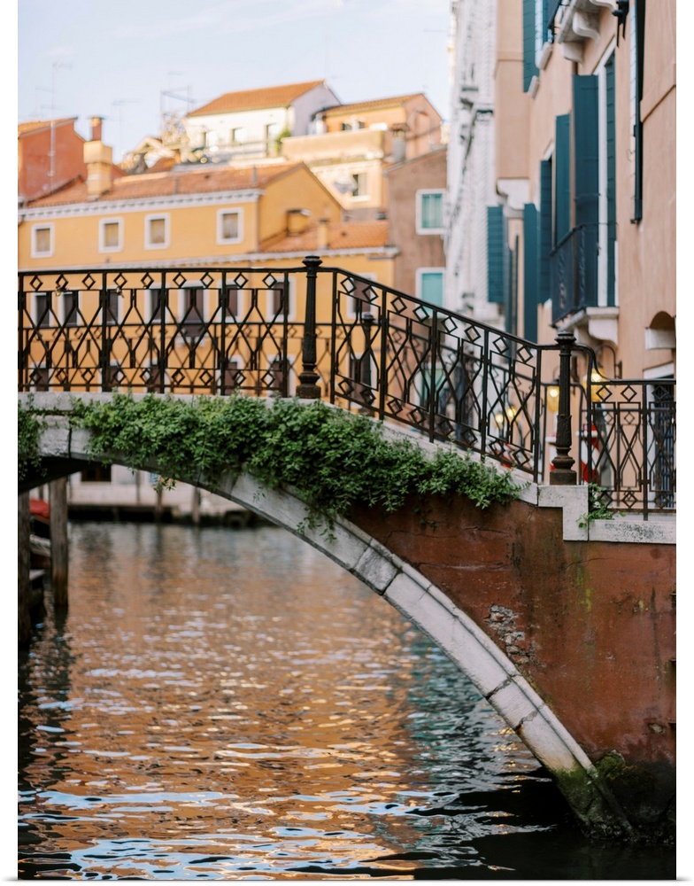 A photograph of a beautiful wrought iron and stone bridge crossing a canal in Venice, Italy.