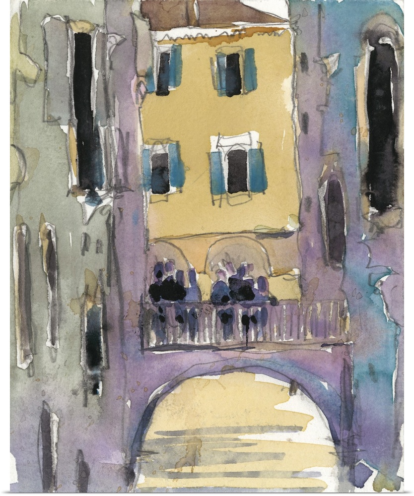 Watercolor open air painting of a bridge over the canal in Venice, Italy.