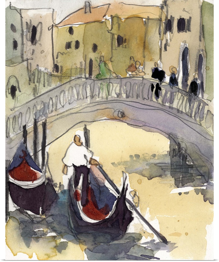 Watercolor open air painting of a bridge over the canal with gondolas in Venice, Italy.