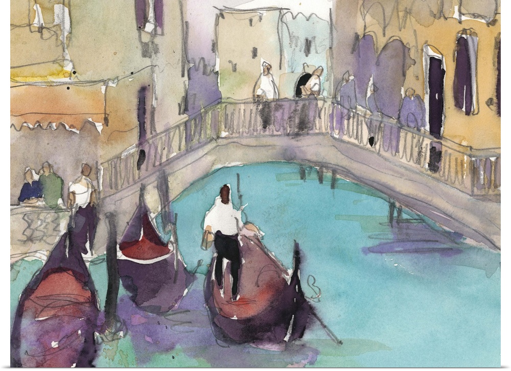 Watercolor open air painting of gondolas on the canal waters in Venice, Italy.