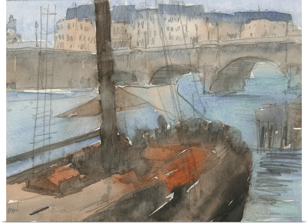 Watercolor cityscape painting of a boat approaching a bridge in Venice.