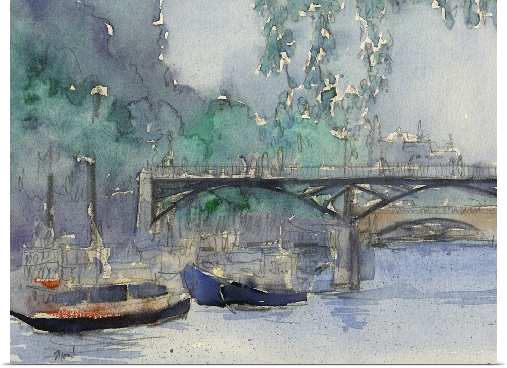 Watercolor cityscape painting of boats in the canal near a bridge in Venice.