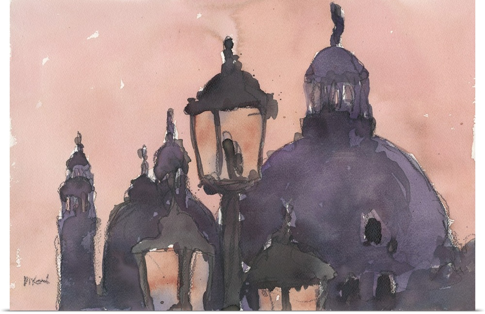 Watercolor art print of lamp posts and the domes of buildings at sunset in Venice, Italy.